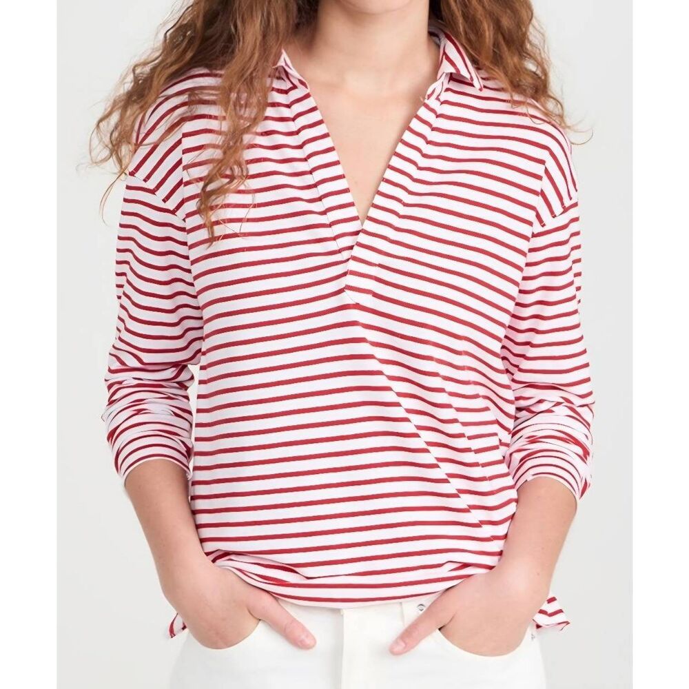 Frank & Eileen Patrick Popover Henley Long Sleeve Sailor Stripe Red &White Sz S